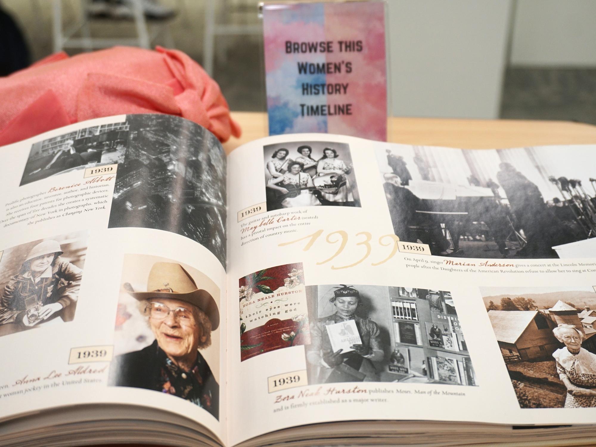 a large open book with two pages showing a historical timeline of women in history