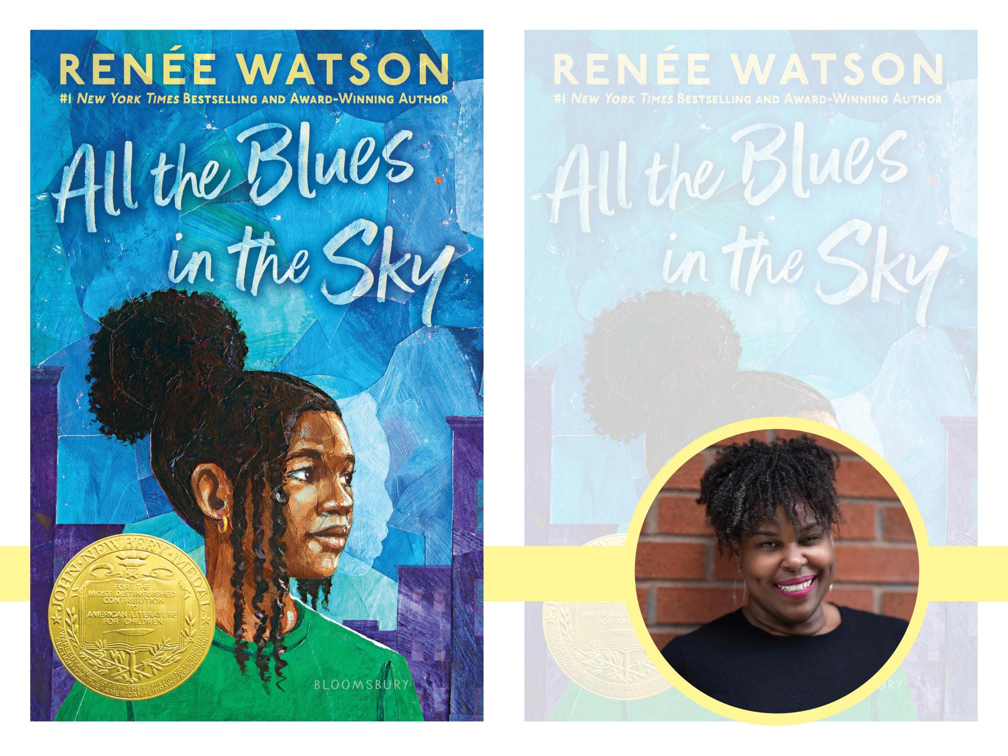 Cover art for All the Blues in the Sky and headshot of a smiling woman with black shirt standing in front of a brick wall