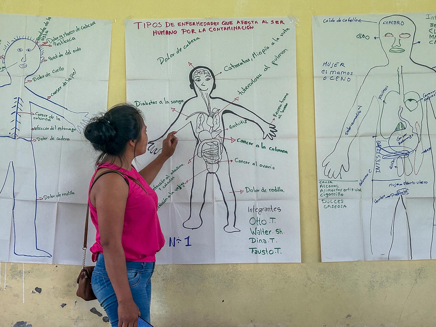 A woman in a pink top points to a large poster detailing health issues from pollution. Three posters behind her show human figures with handwritten notes.