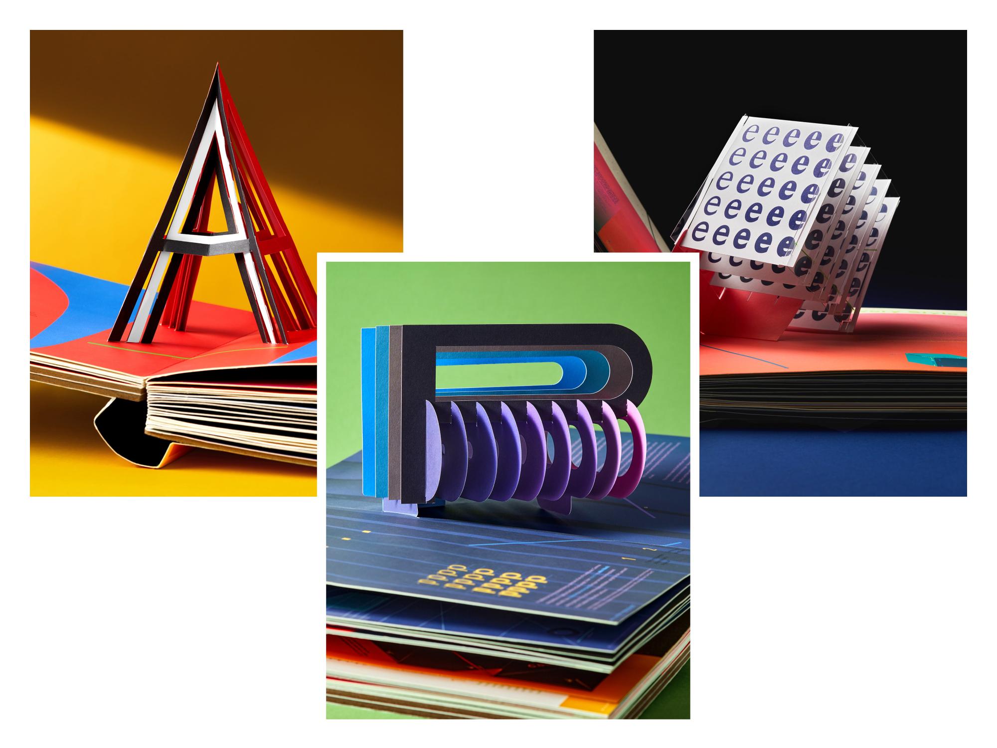 Colorful images of pop-up book art from Kelli Anderson's book Alphabet in Motion.