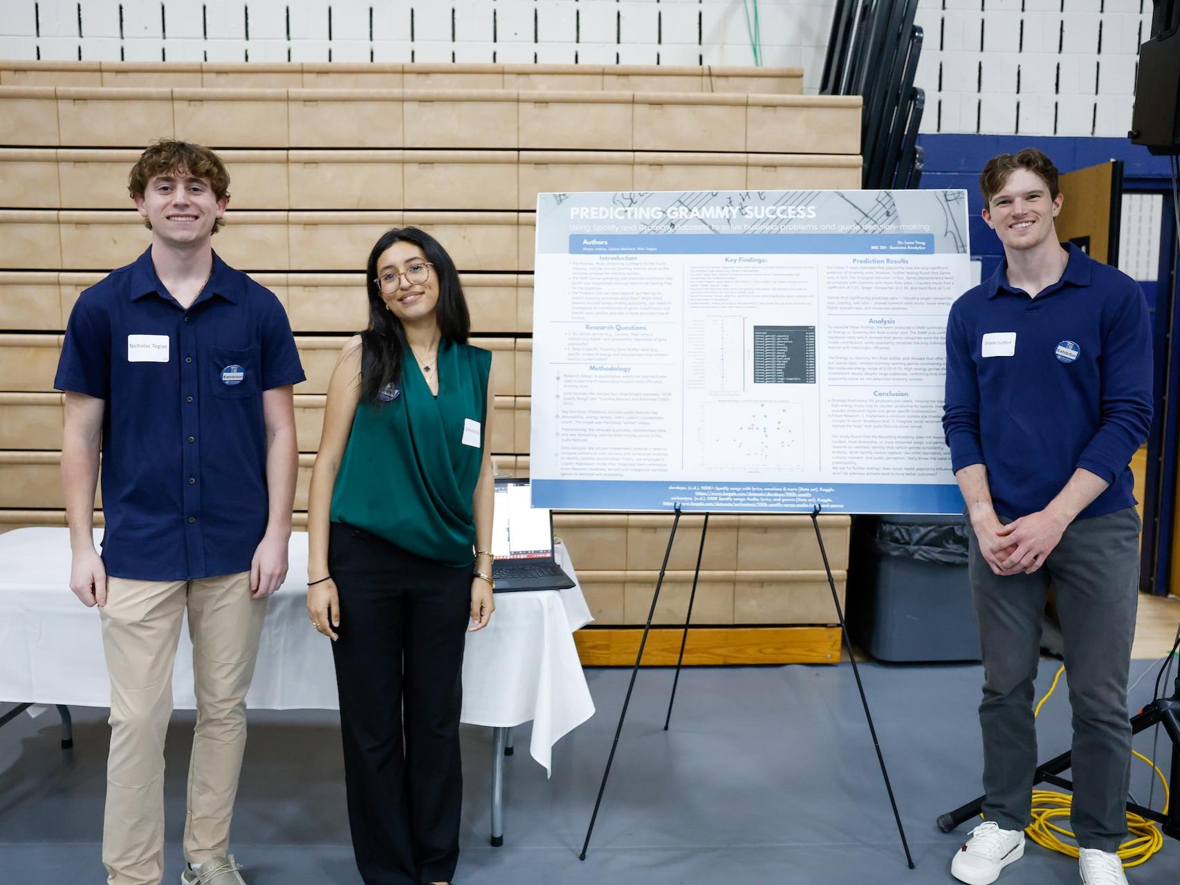 Three students in Business Analytics (MIS 301) presented on predicting Grammy success using Spotify.