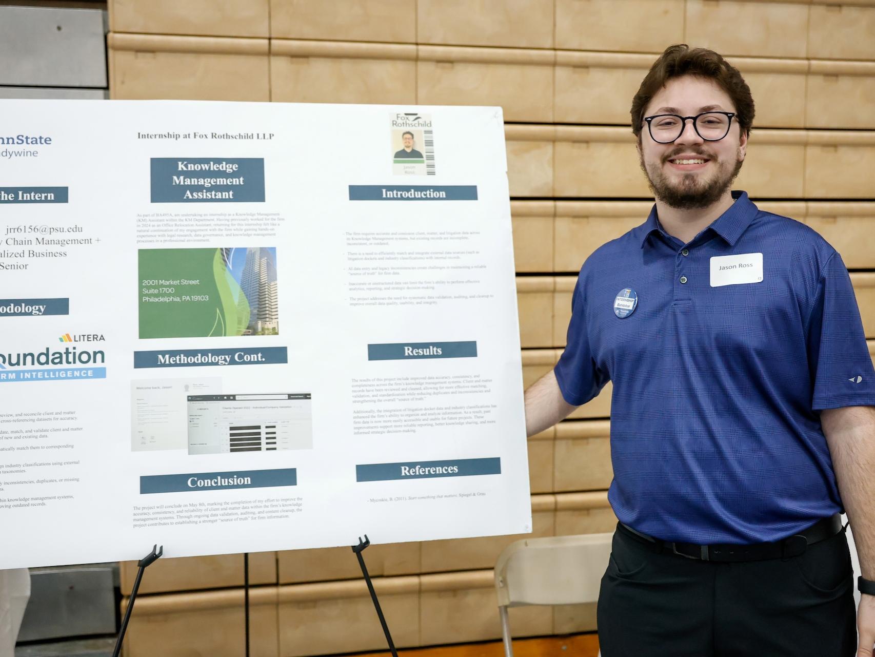 Jason Ross presenting on his internship at Fox Rothschild LLP for his project and supply chain management major.