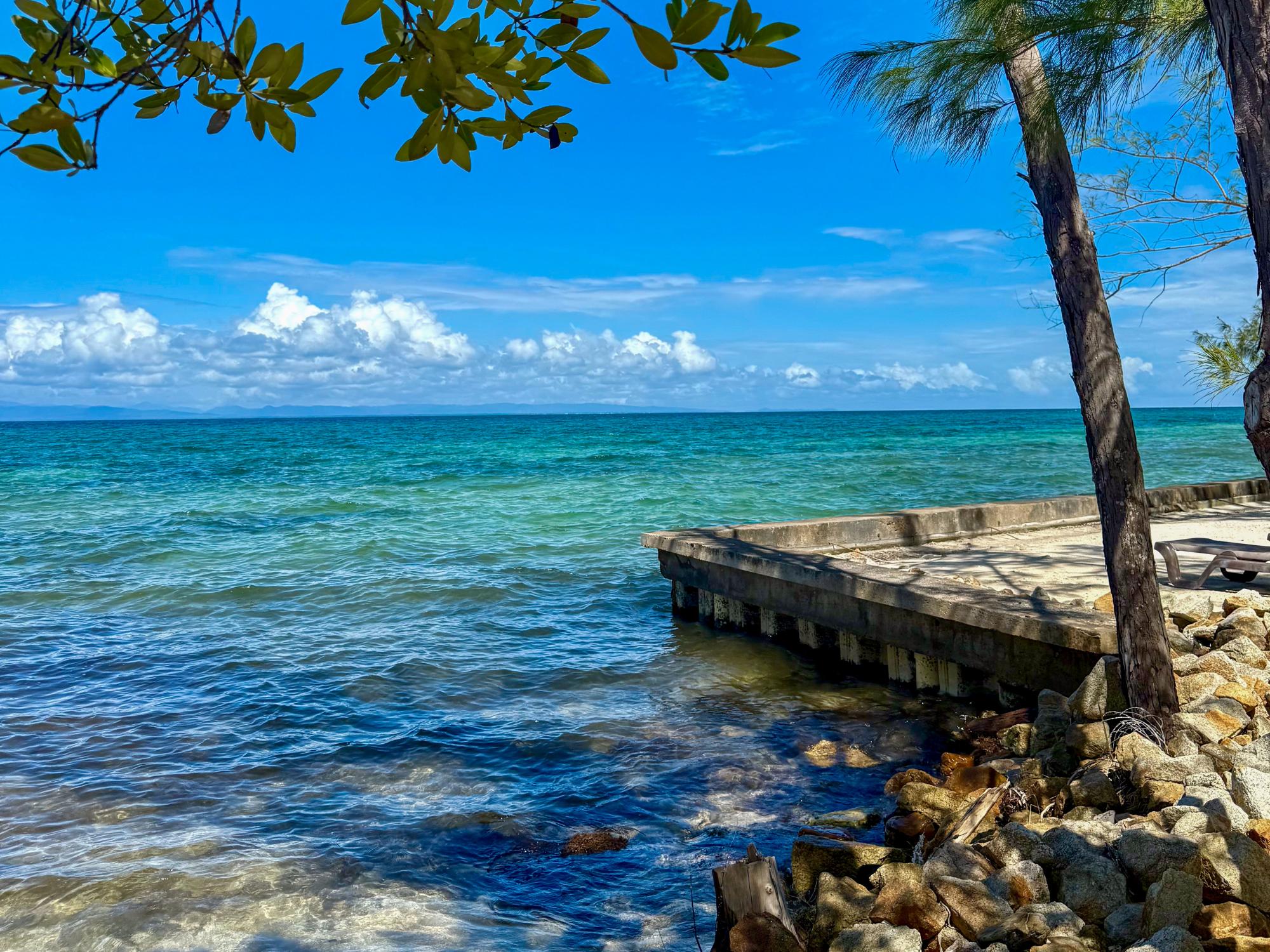 A rocky shoreline meets clear turquoise water under a bright blue sky. A concrete pier extends into the ocean from the right, partially shaded by tall green trees. Waves lap against the rocks in the foreground, creating a calm, tropical coastal scene.