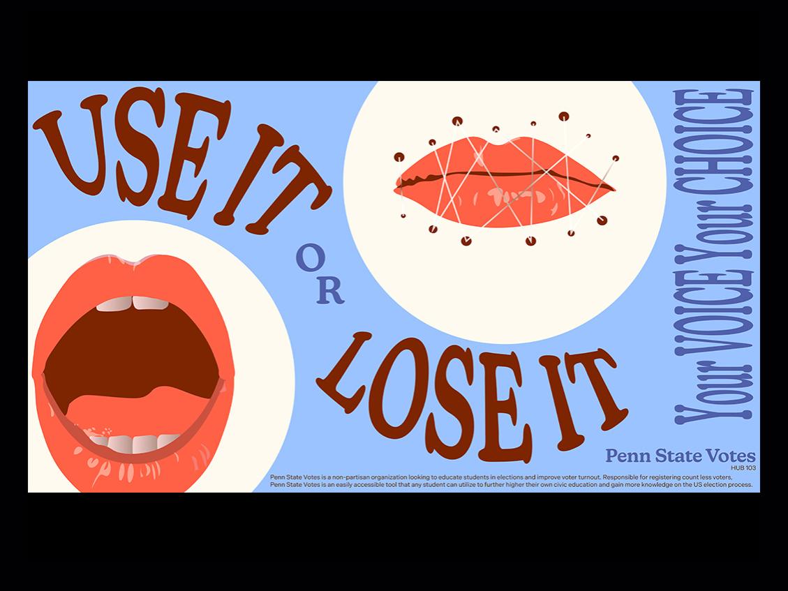 Graphic with the message “Use it or lose it,” alongside the text “Vote your choice.” Illustrations show an open mouth and a pair of closed lips, symbolizing the choice to speak up or stay silent. Footer text identifies Penn State Votes as a nonpartisan organization that educates students about elections and voter participation, with a reference to HUB 103.
