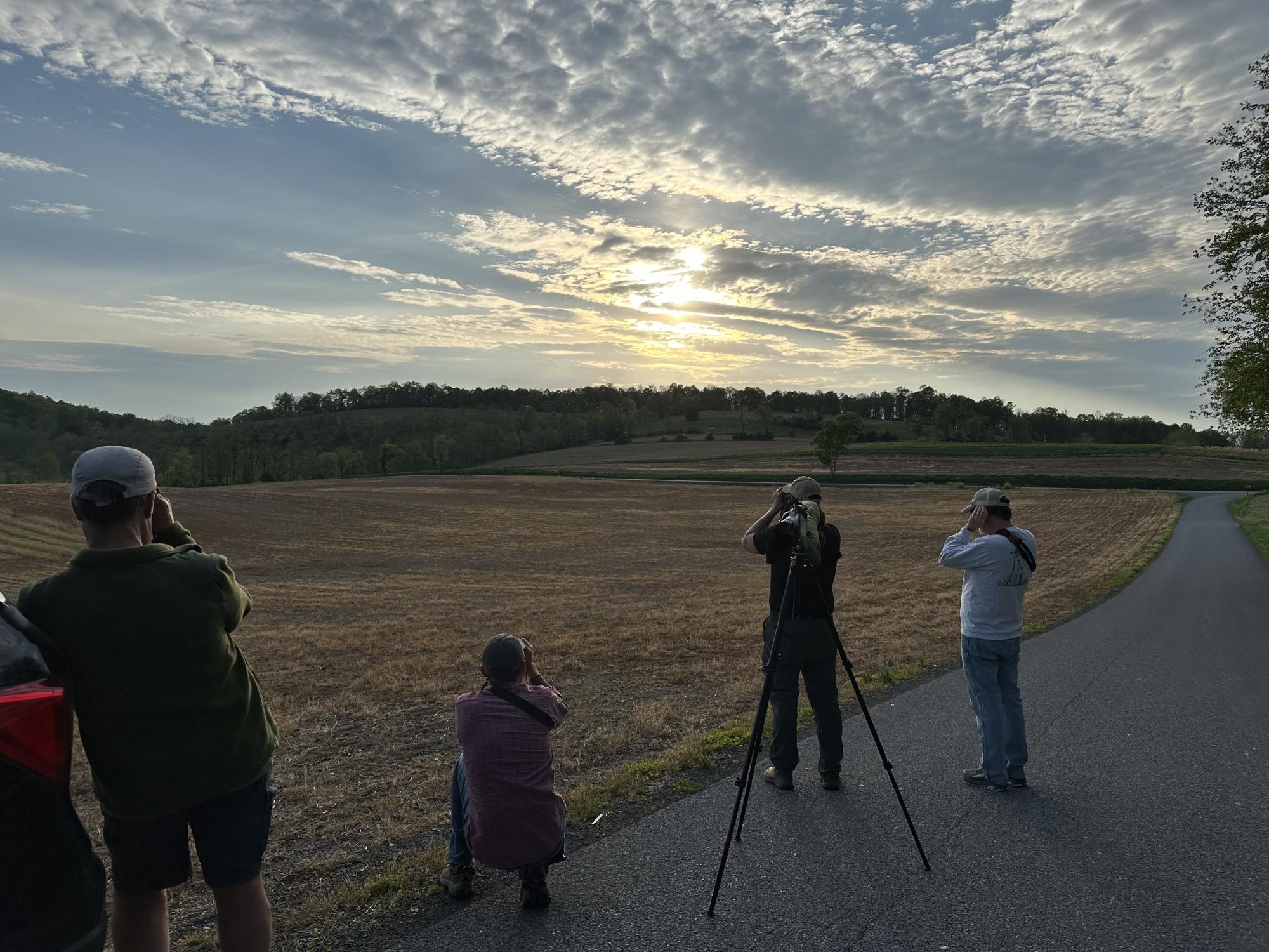 Sun rising or setting behind a field with four people standing along the road watching it.