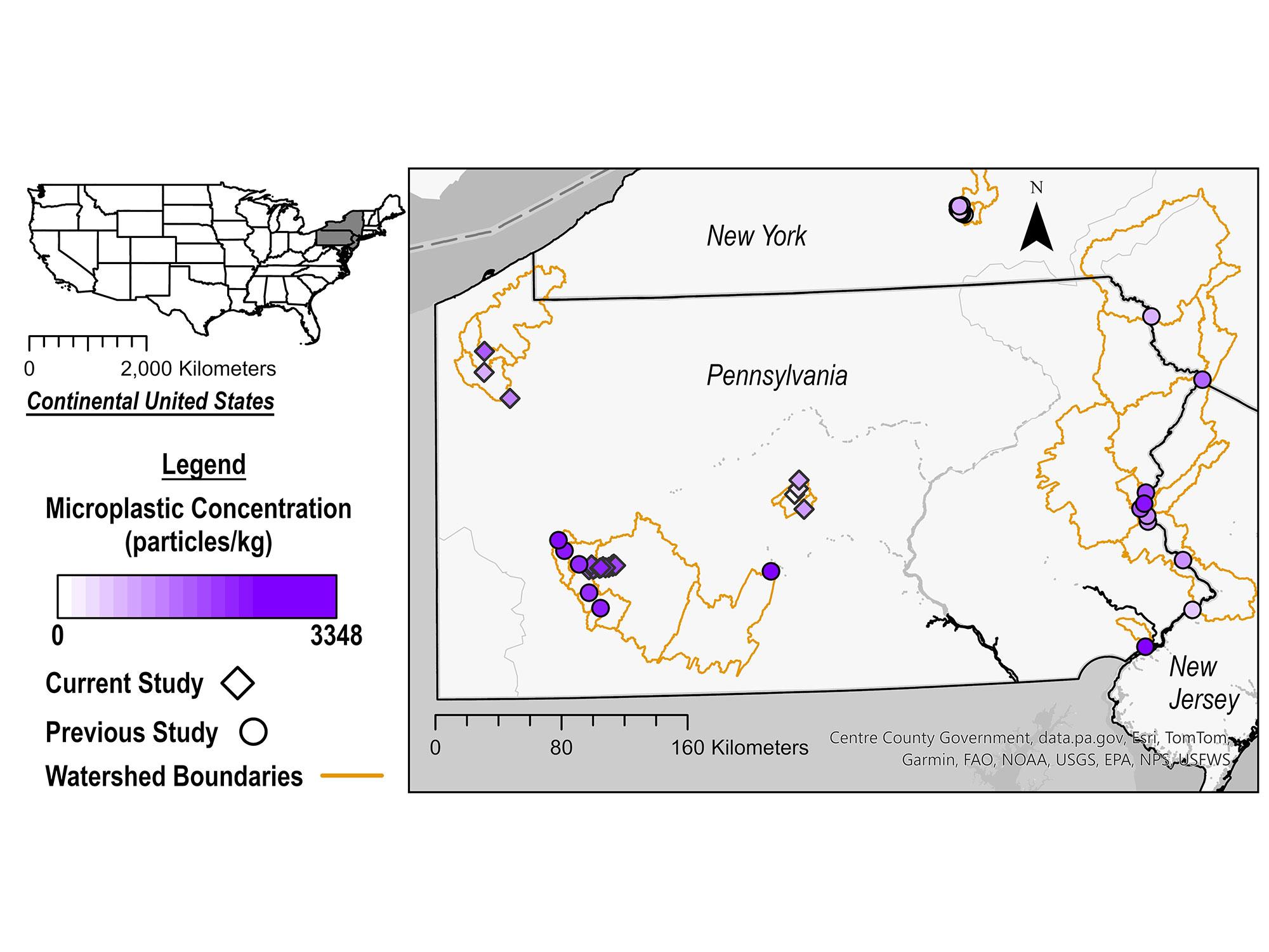 A map of the northeastern United States highlighting the different portions of Pennsylvania, New Jersey and New York samples were collected from or compared to