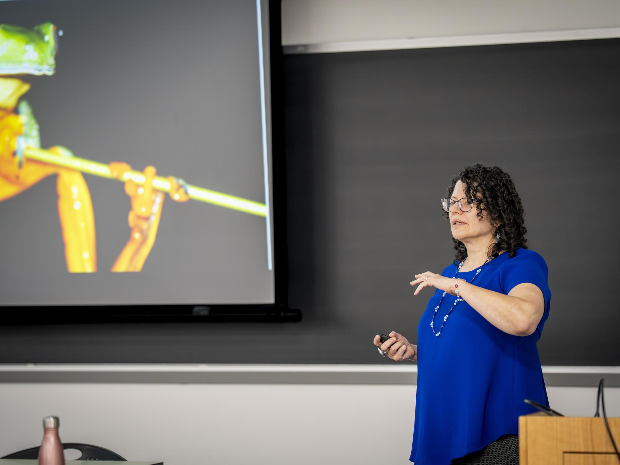 Tanya Berger-Wolf, professor of computer science engineering; of electrical and computer engineering; and of evolution, ecology, and organismal biology at Ohio State University, gives a talk as part of the Distinguished Lectures in Life Sciences series