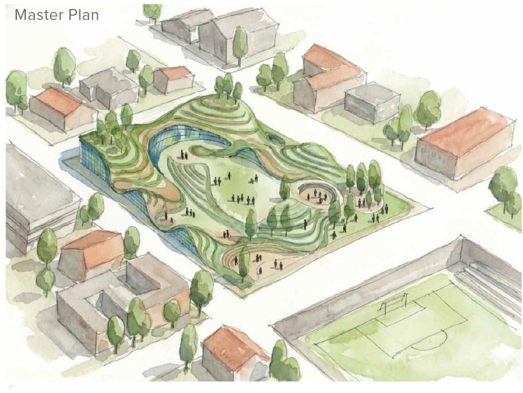 Illustrated master plan showing an aerial view of a landscaped park with terraced green spaces, walking paths, curved features, trees, and small groups of people. The park is surrounded by neighborhood buildings and streets, with a soccer field visible nearby.