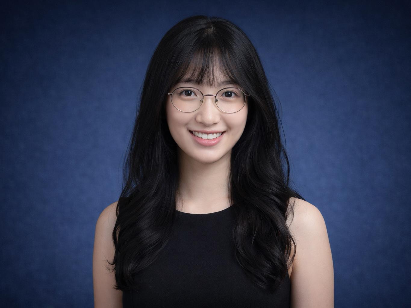 A young woman with long hair and a dark dress in front of a blue background.