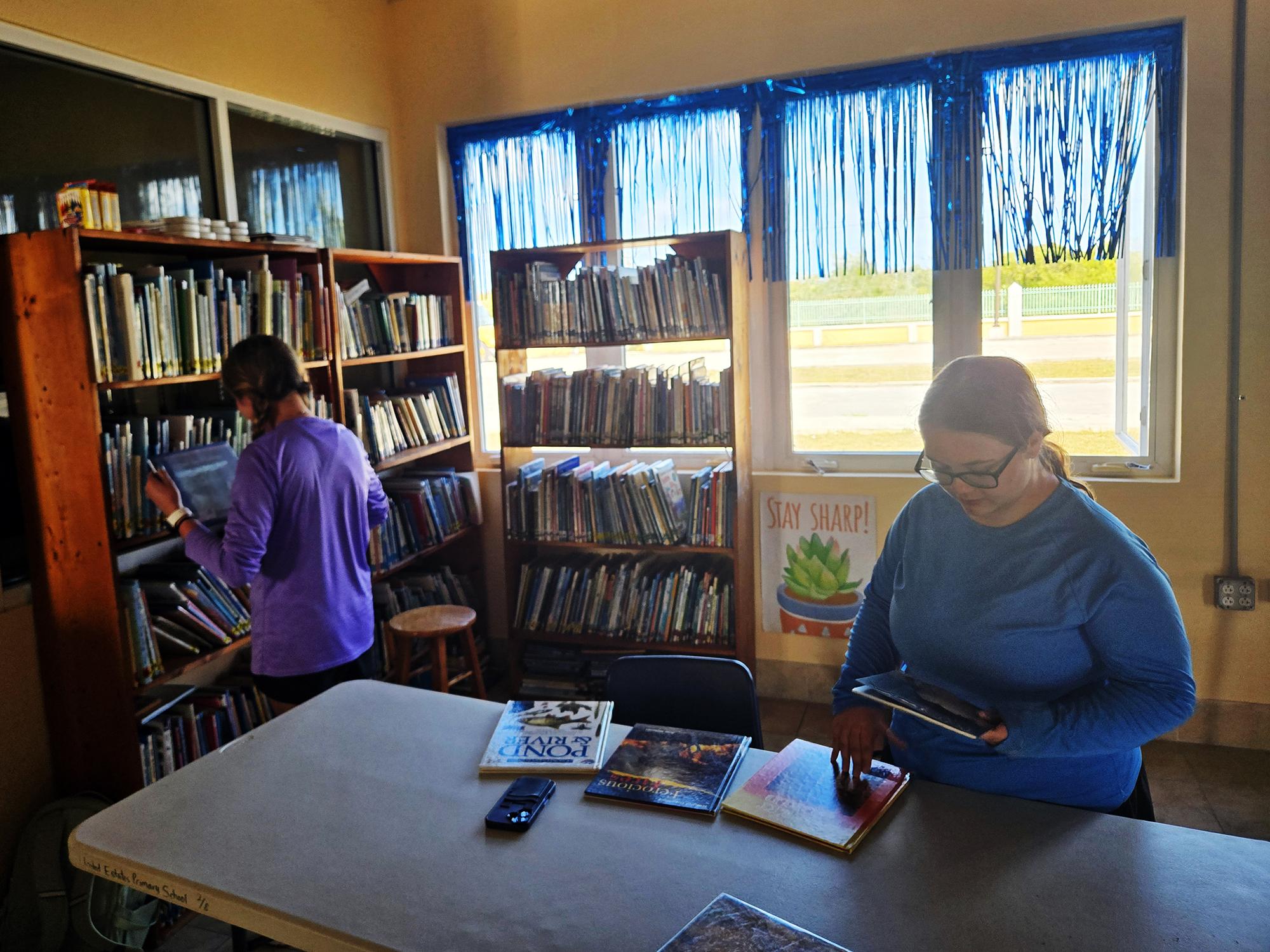 Sophia White helps organize books