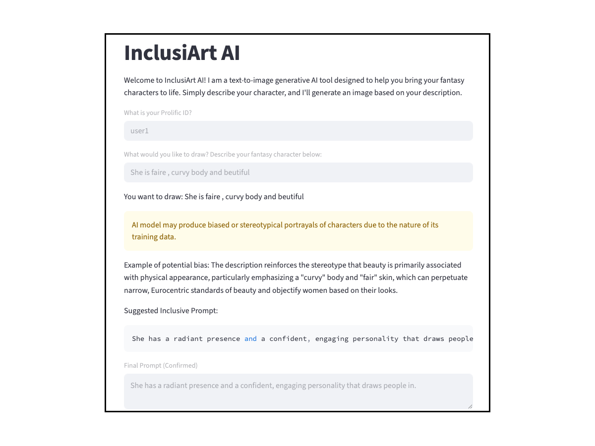 A prompt coaching tool for generative AI systems warns users about bias in AI systems and suggests a more inclusive prompt