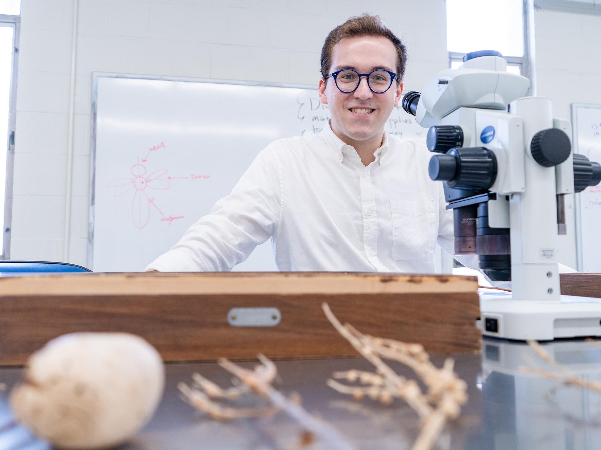person in insect lab with gall samples in foreground and microscope next to person