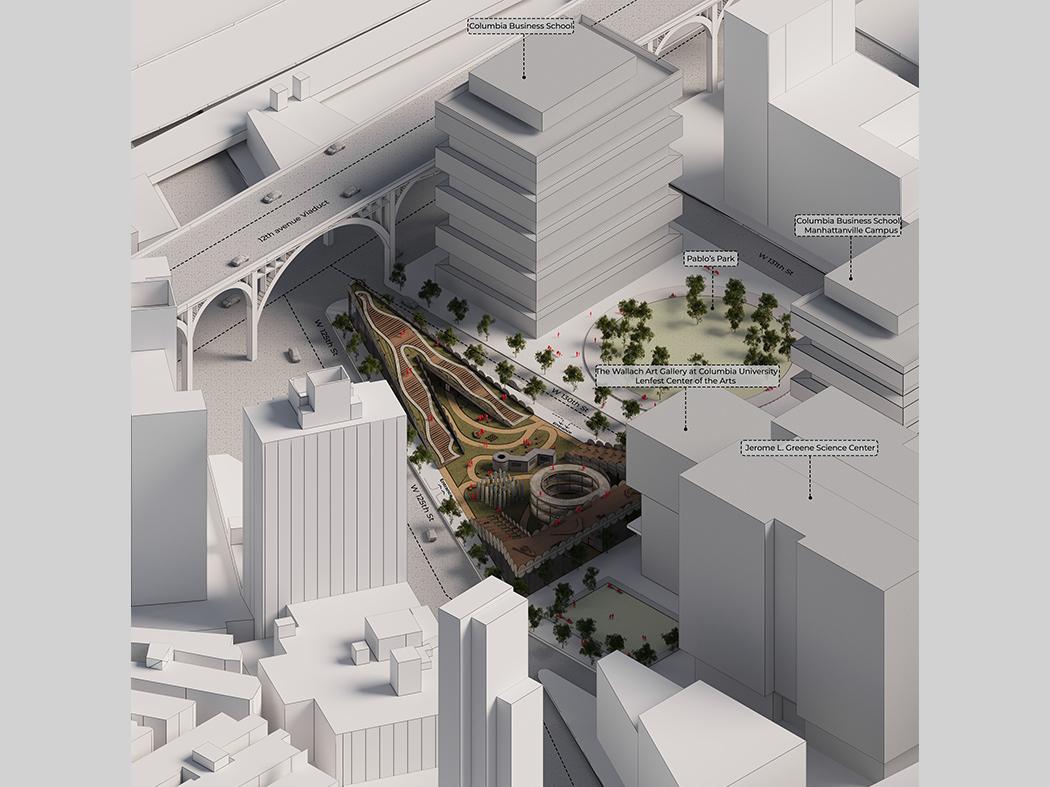 Architectural axonometric view of an urban campus highlighting a central park, surrounding buildings, streets, and labeled Columbia University facilities.