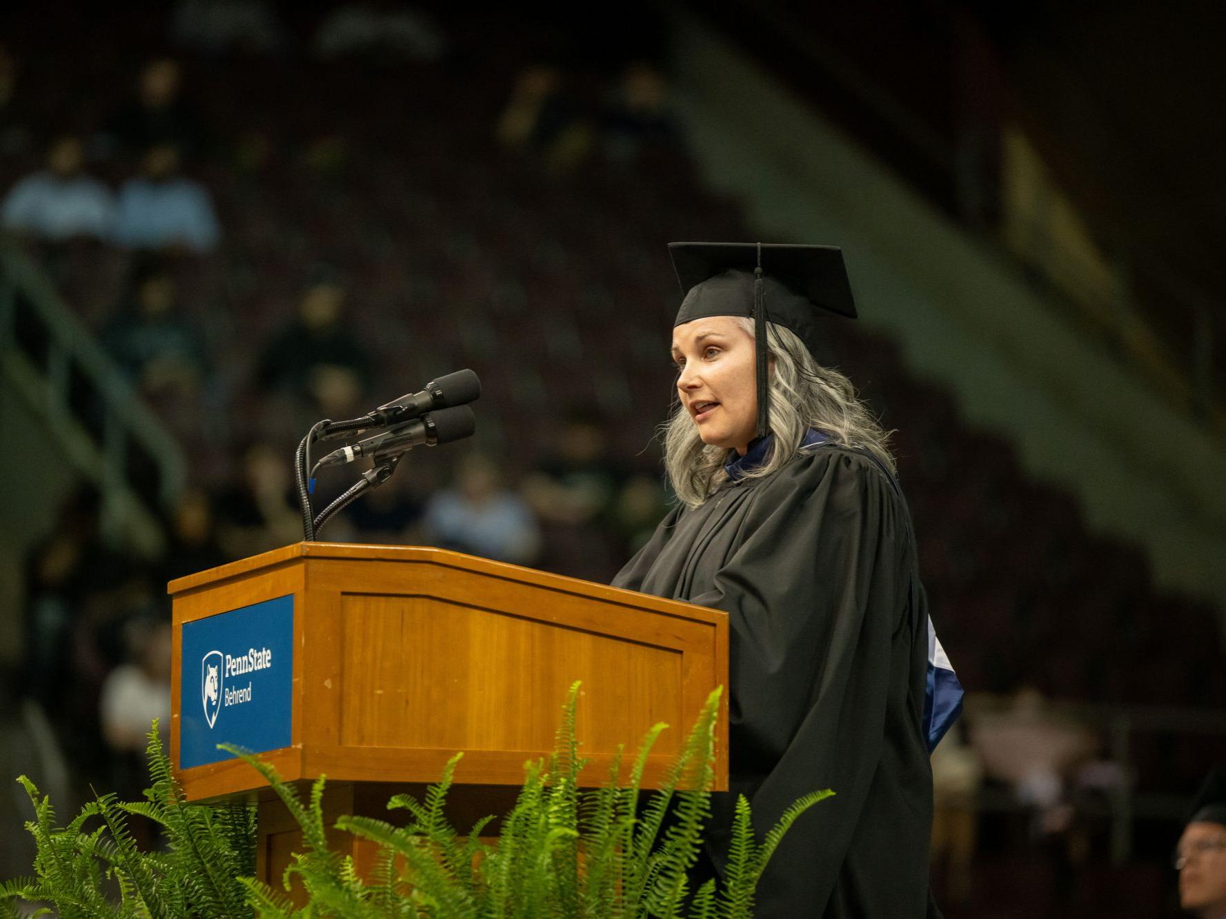 Tiffany Beers, vice president of enterprise innovation at VF Corporation, delivers the Penn State Behrend commencement address.