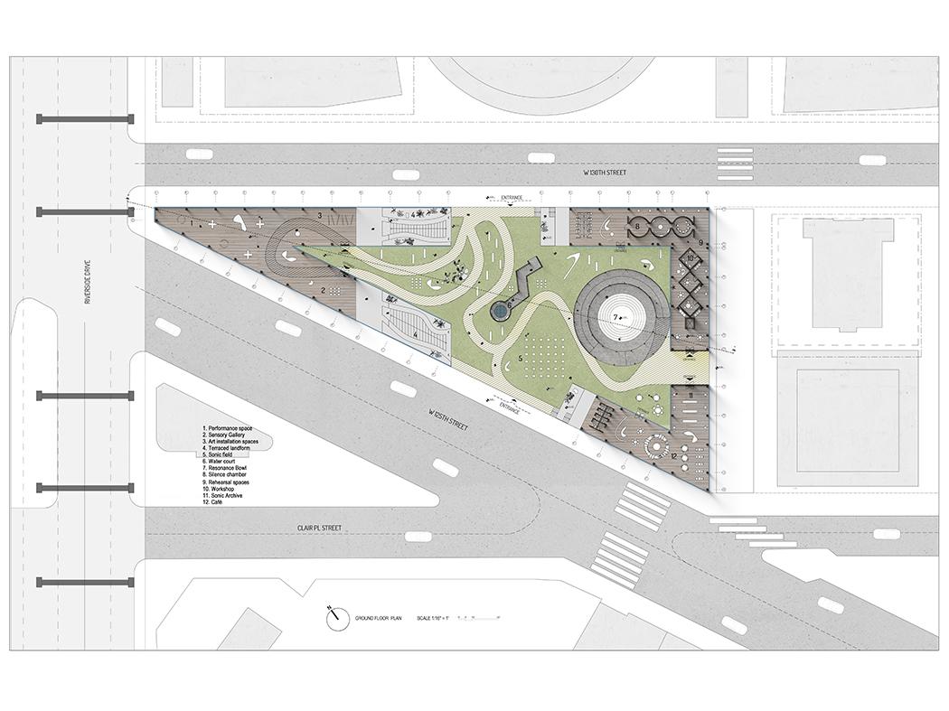 Ground‑floor site plan of a triangular urban park with paths, landscaped areas, seating, performance spaces, and surrounding streets.
