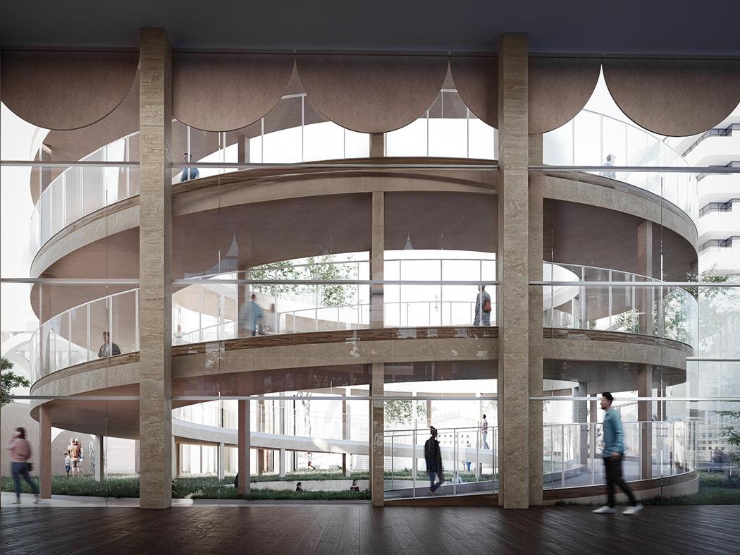 Interior rendering of a circular, multi‑level structure with spiraling ramps, glass walls, stone columns, and people walking through the space.