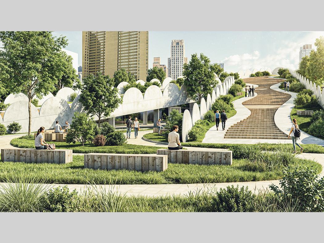 Outdoor park rendering with terraced grass, curved white walls, seating blocks, trees, and people using walking paths and steps.