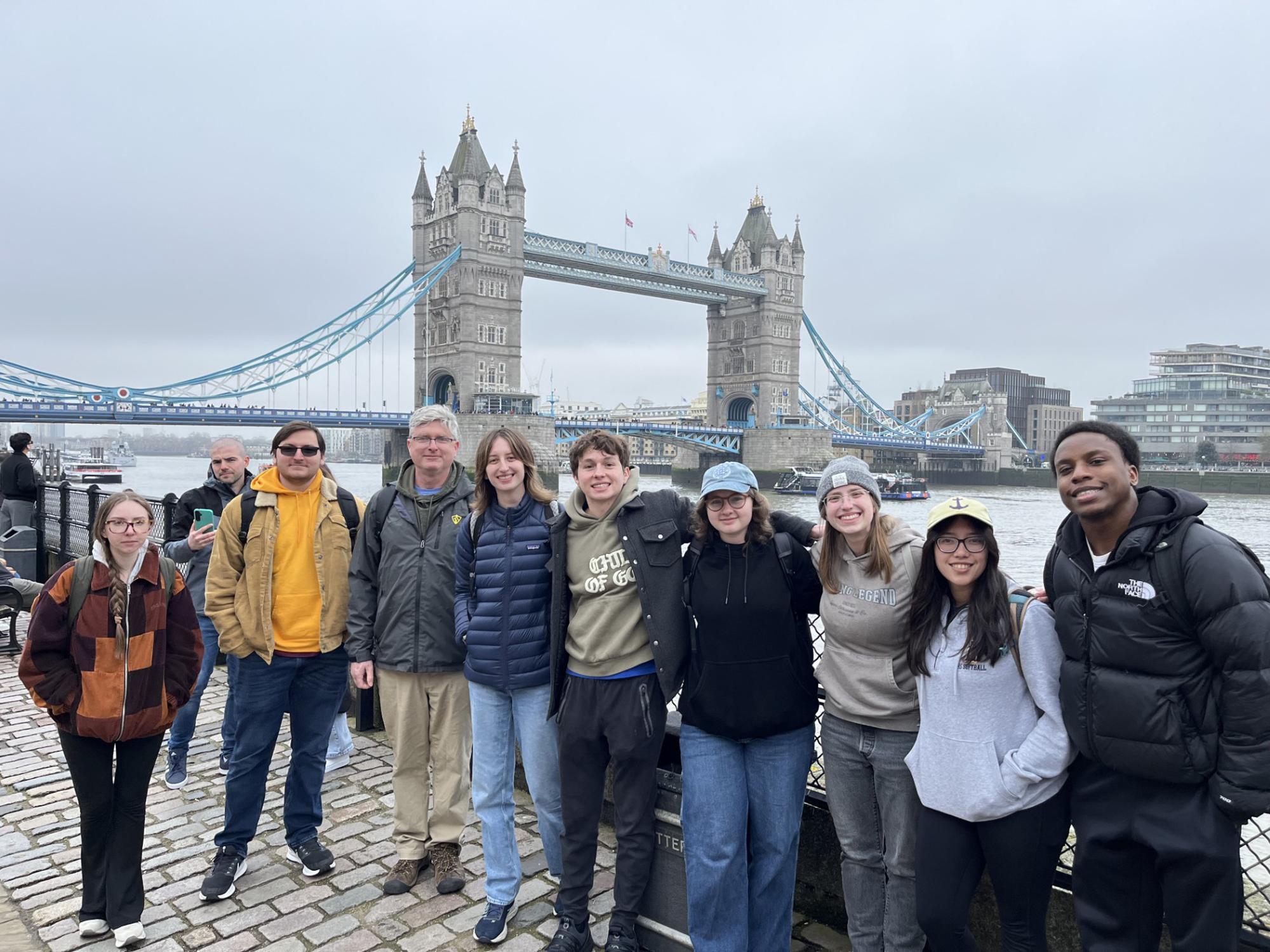 Students pose on the Tower Bridge in London