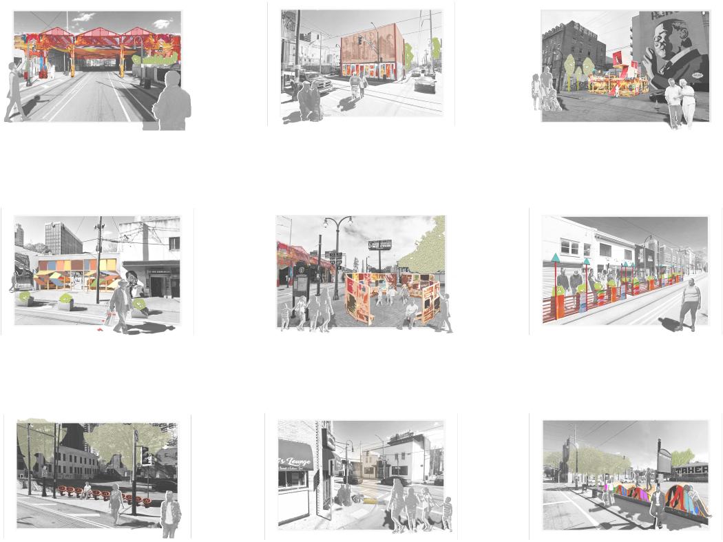 Grid of nine conceptual streetscape collages showing urban design interventions. Each scene combines black-and-white city photos with colorful overlays such as canopies, murals, sculptural seating, fencing, and activity zones, with people walking and gathering along sidewalks and streets.