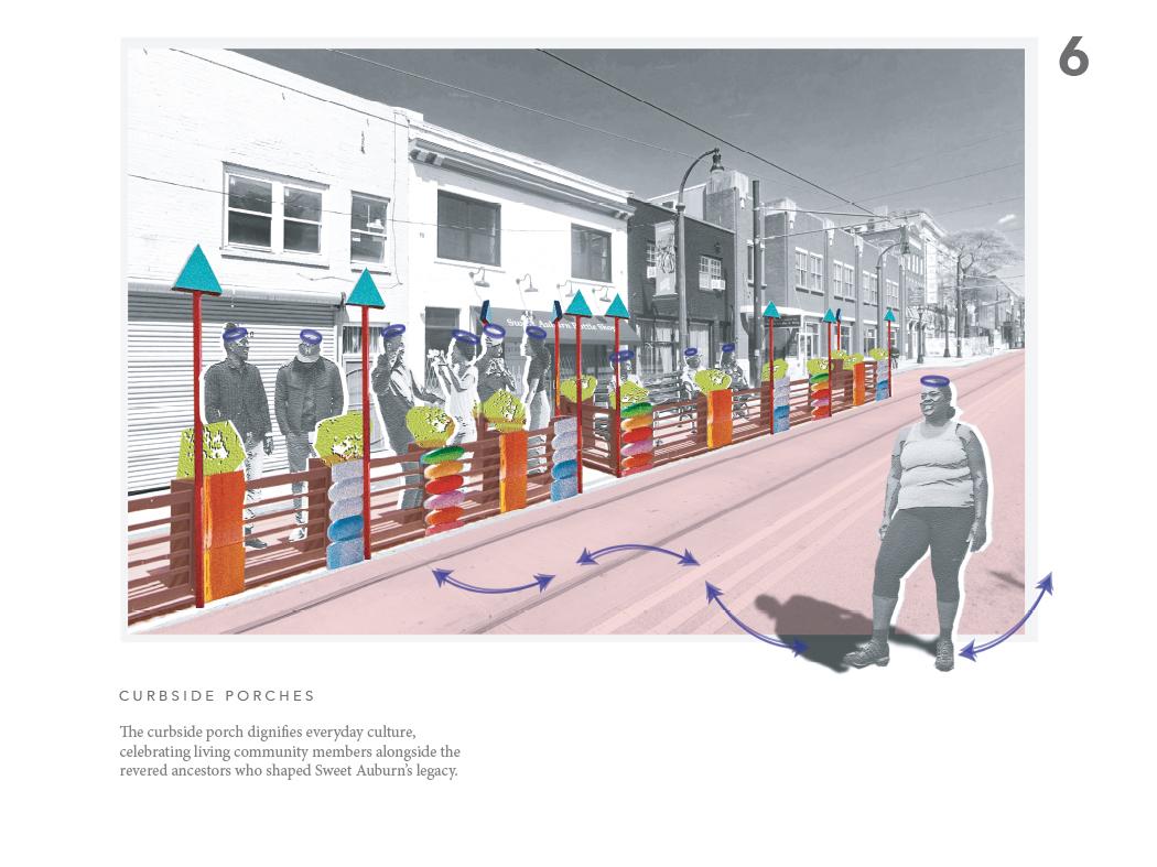 Conceptual streetscape rendering showing a row of colorful, fence-like ‘curbside porch’ installations along a sidewalk. Grayscale figures stand behind the structures, while the street is tinted pink with blue arrows indicating movement. A number ‘6’ appears in the upper right, and text below reads ‘Curbside Porches’ with a description of celebrating community and ancestry.