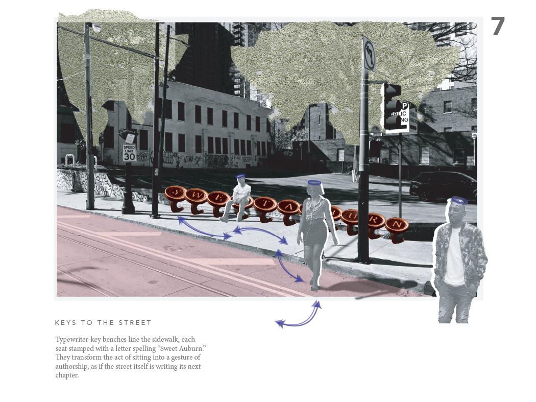 Conceptual streetscape rendering showing typewriter-key–shaped benches lining a sidewalk, each marked with letters to spell a phrase. Grayscale figures walk and sit along the curb, while blue arrows indicate movement on a pink-tinted street. Text below reads ‘Keys to the Street,’ with a description of authorship and storytelling.