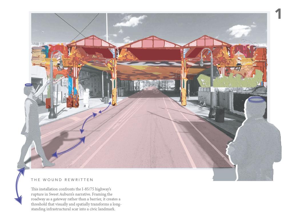 Conceptual streetscape rendering of a wide roadway passing beneath a series of colorful canopy structures supported by patterned columns. Blue arrows indicate pedestrian movement across the street. Grayscale figures stand at the edges, while the street surface is tinted pink. Bottom-left text reads ‘The Wound Rewritten’ with a paragraph describing an installation that reframes a highway corridor as a civic threshold.