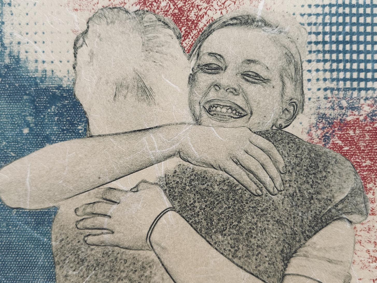 A print of two figures, in black and white, embracing in the foreground against a textured red, white, and blue patterned background. The figure facing the viewer is smiling broadly from the hug.