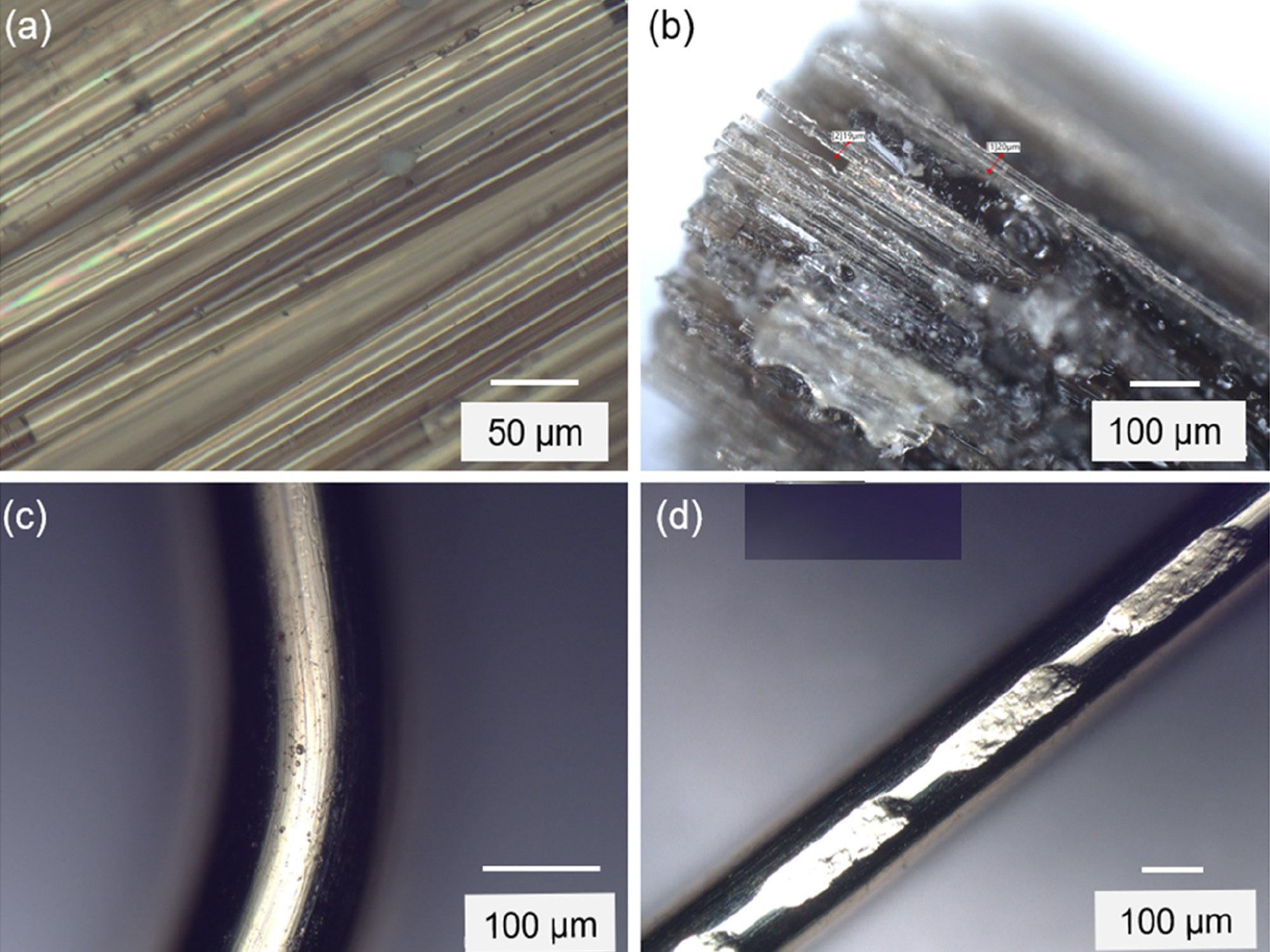 Four microscope panels comparing material surfaces at microscale, showing parallel basalt fibers, a layered edge of glass and polymer, a hooked steel fiber, and a striated steel fiber