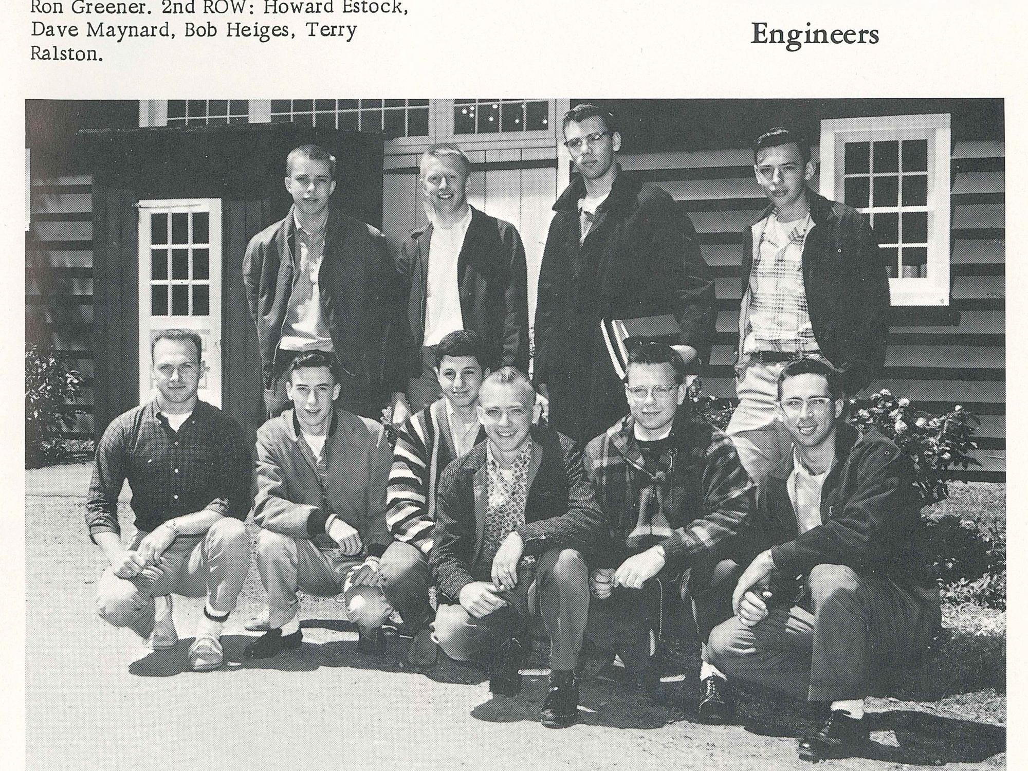 A black-and-white yearbook photo shows 10 male students at Penn State Behrend, including David Maynard.