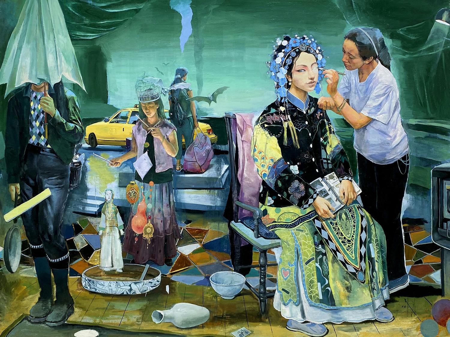 Large, dreamlike painting depicting several figures in a green‑toned interior with a yellow tiled floor. At the center, a seated woman in ornate traditional Chinese clothing wears an elaborate headdress and is attended by another woman in normal clothes adjusting her hair. To the left, two other figures stand amid scattered objects—a broken ceramic vessel, a doll, and a bowl—while a yellow taxi appears through an opening in the background. 