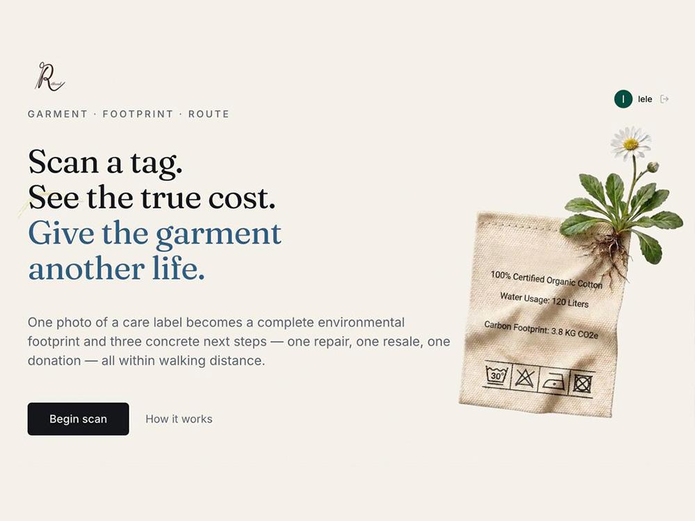 A screenshot from the Rethread app that reads "Scan a tag. See the true cost. Give the garment another life," with some smaller instruction text and options to click "Begin Scan" and "How it works" 