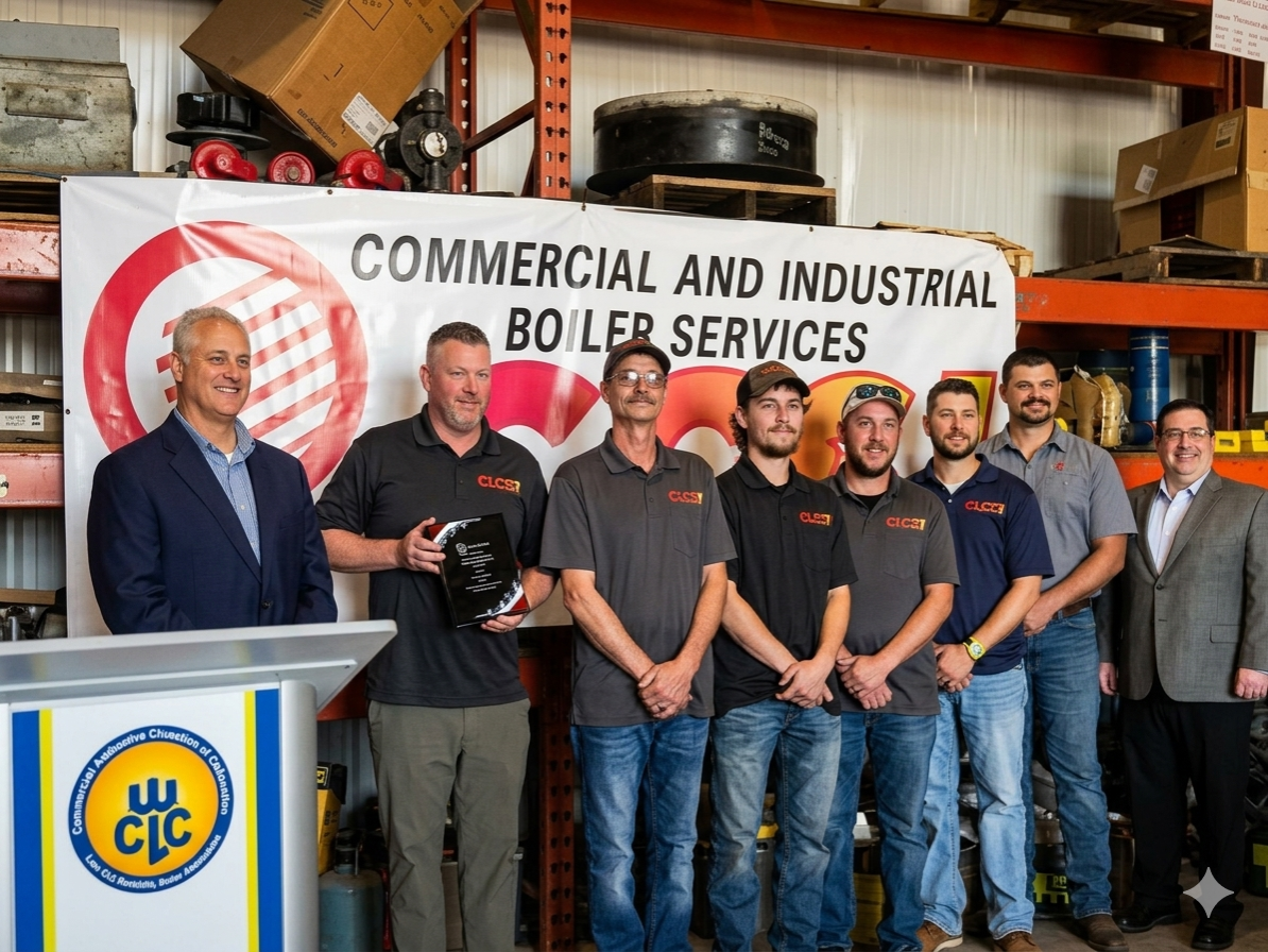 A group of employees and business leaders stand together in an industrial workshop during an award presentation, posing in front of a banner for Commercial and Industrial Boiler Services while one team member holds a plaque.