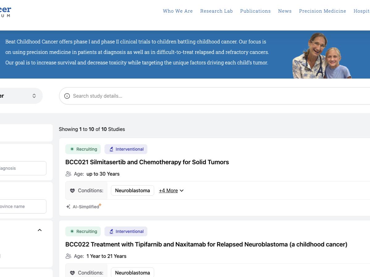Screenshot of a page within the Beat Childhood Cancer Research Consortium website, which includes two trials within Study Finder search results: BCC021 Silmitasertib and Chemotherapy for Solid Tumors and BCC022 Treatment with Tipifarnib and Naxitamab for Relapsed Neuroblastoma (a childhood cancer).
