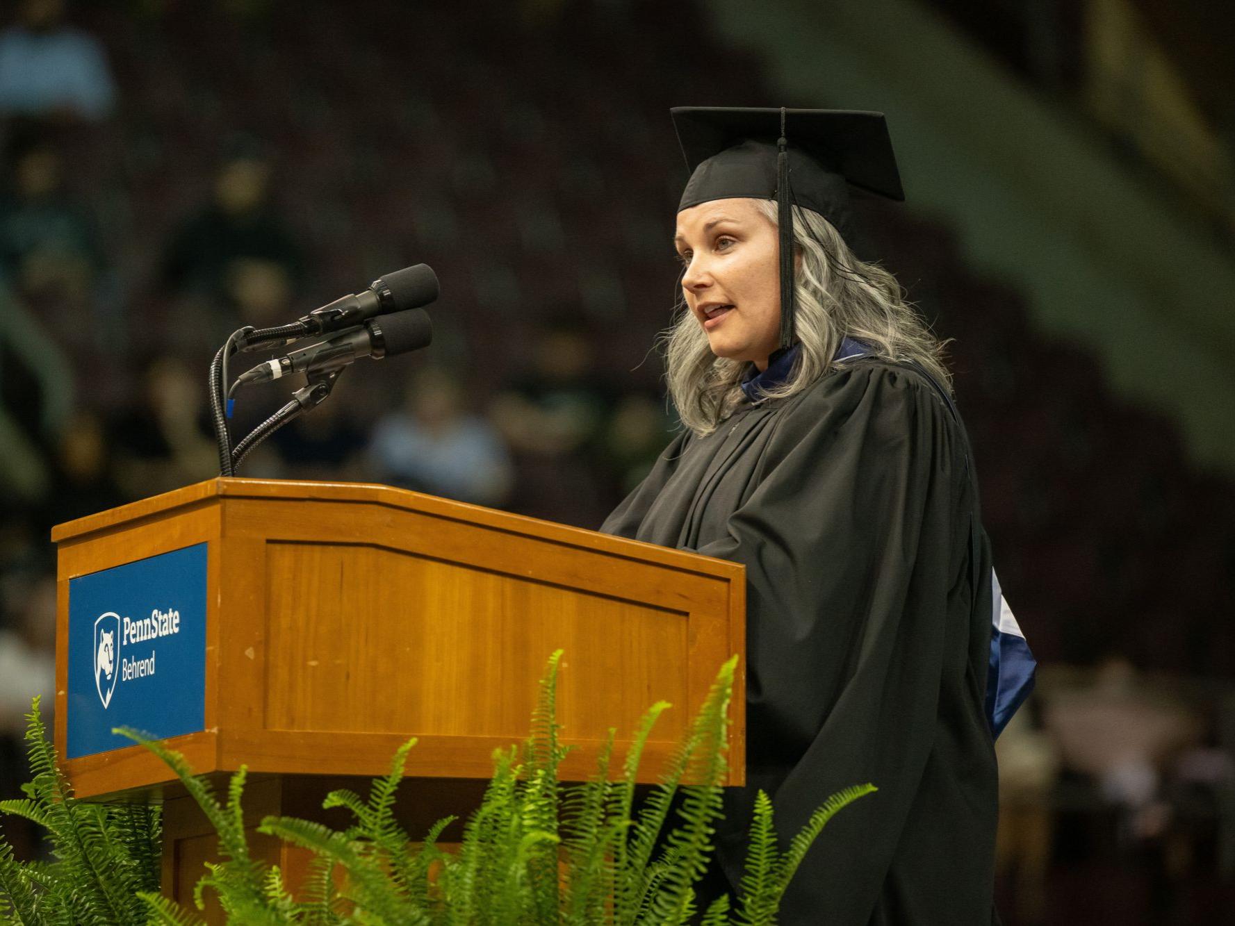Tiffany Beers speaks to graduates at a Penn State Behrend commencement program.