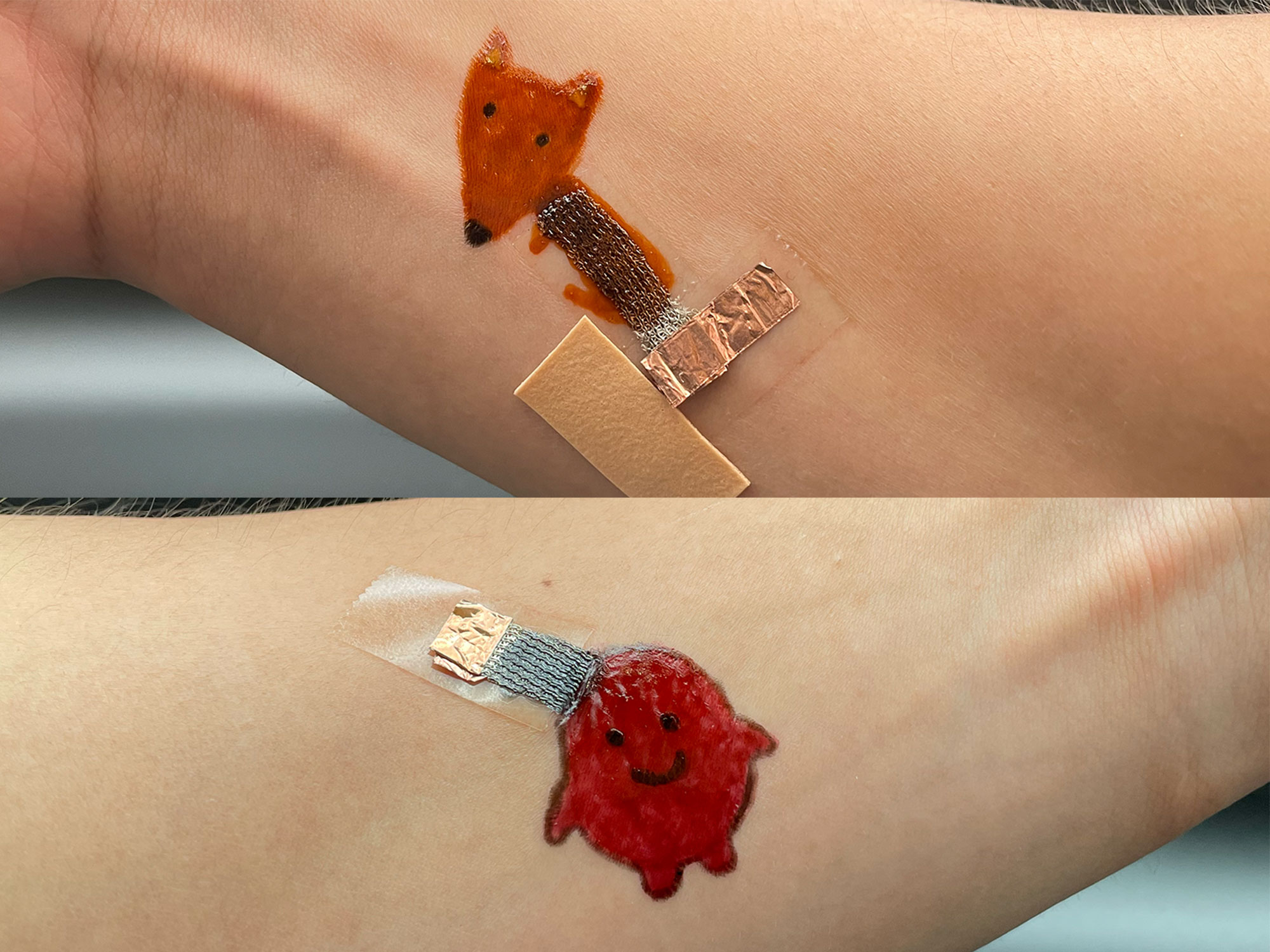 Two images stacked on top one another showcase two different sensors, the top picture shows a sensor in the design of a small cartoon fox, while the bottom picture shows a sensor that looks like a friendly, smiling cartoon character