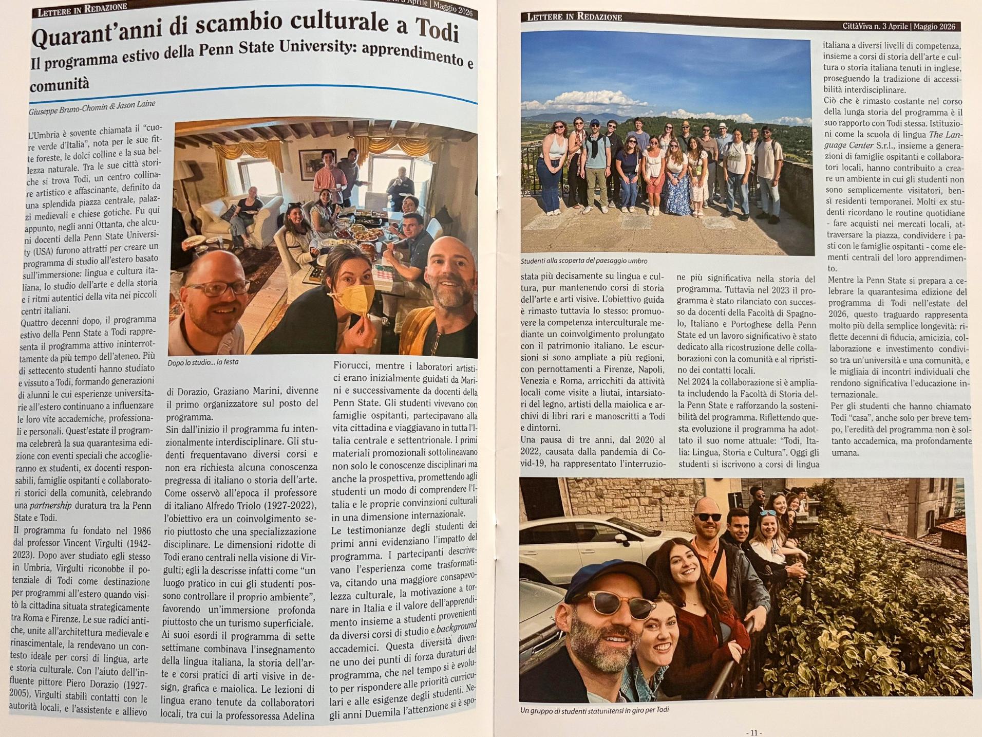 Two-page magazine article featuring text about Penn State’s cultural exchange program in Todi, accompanied by photos of students exploring the town.
