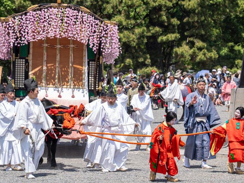 Participants in the Aoi Matsuri procession walk through Kyoto wearing elegant Heian-period court robes in vibrant colors, offering a candid glimpse into one of Japan's oldest and most celebrated traditional festivals.