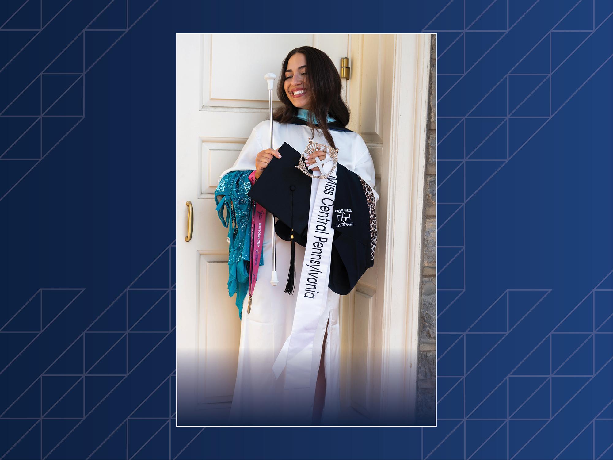 A woman holds a sash, crown, and other items in front of a tan door.