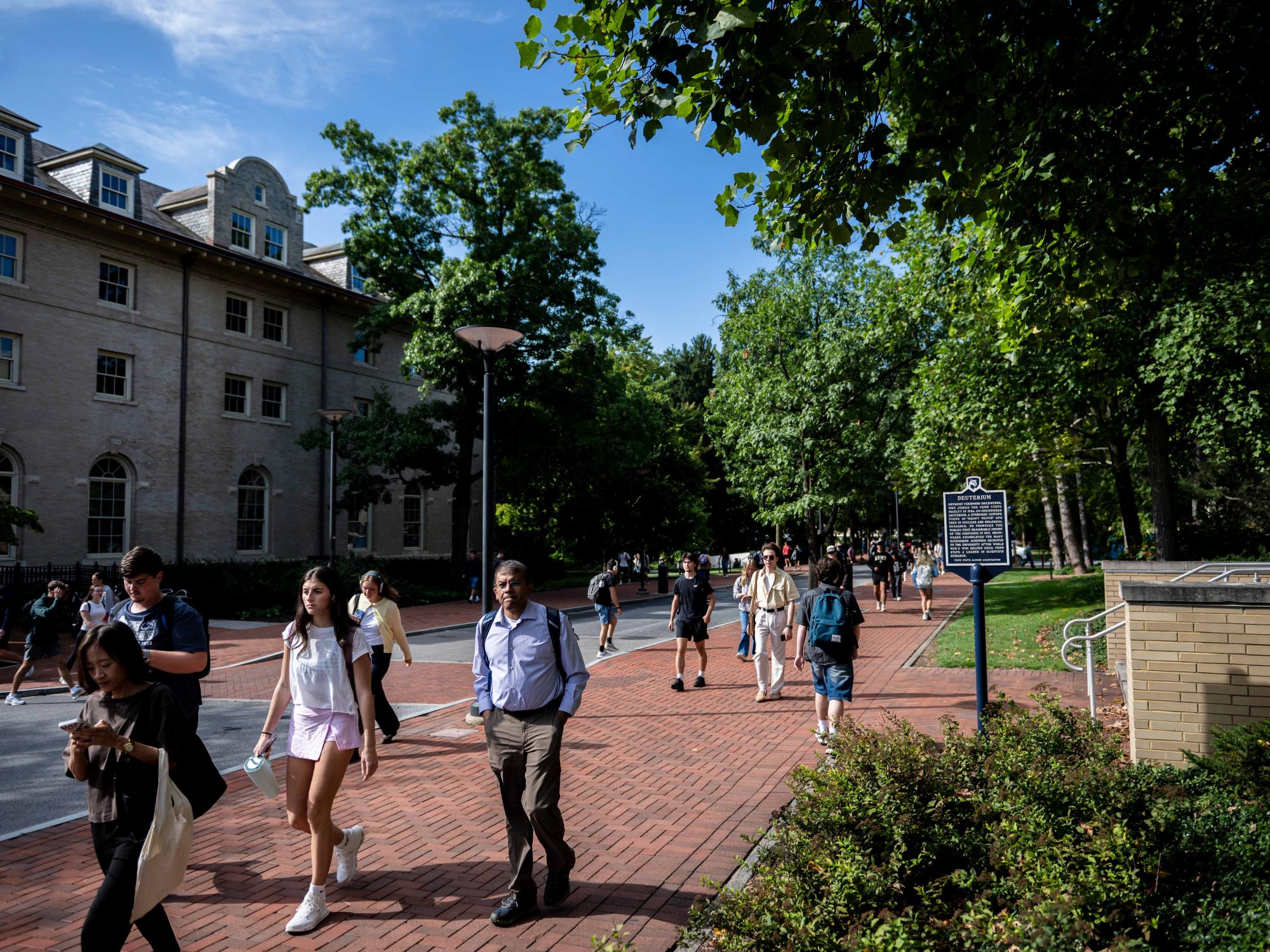 Pedestrians walk along the brick sidewalks of Pollock Road beneath leafy green trees on a sunny