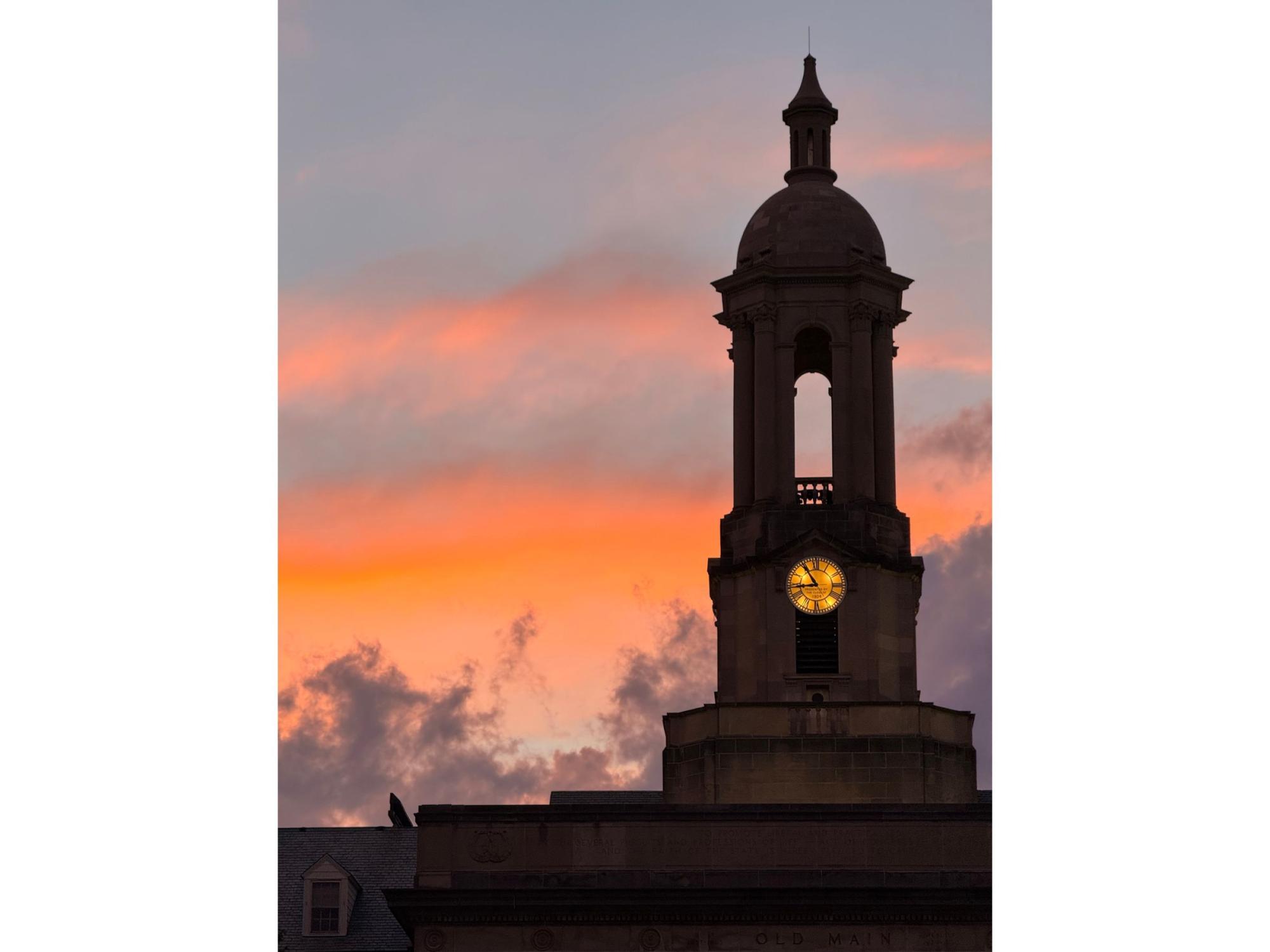 The Old Main bell tower at sunset