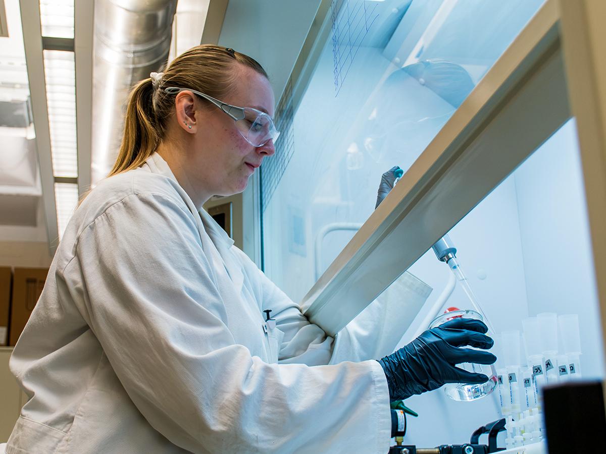 Woman working with pipette inside a fume hood in a lab
