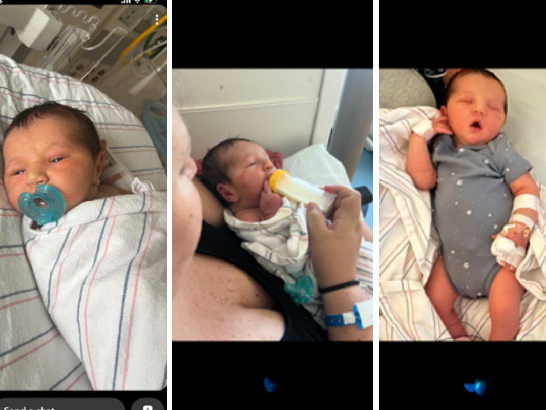 Three side-by-side photos show the same newborn during a hospital stay. In the first image, the infant is swaddled in a hospital blanket and lying in a bassinet with a blue pacifier. In the center image, the infant is being bottle-fed while wrapped in a blanket and held by a caregiver. In the third image, the infant is lying on a blanket wearing a gray patterned onesie, with medical tape and bandaging visible on one hand and wrist.