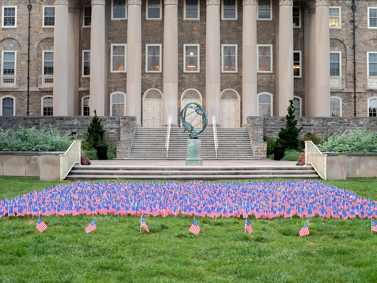 Thousands of small American flags arranged in a square display on a lawn