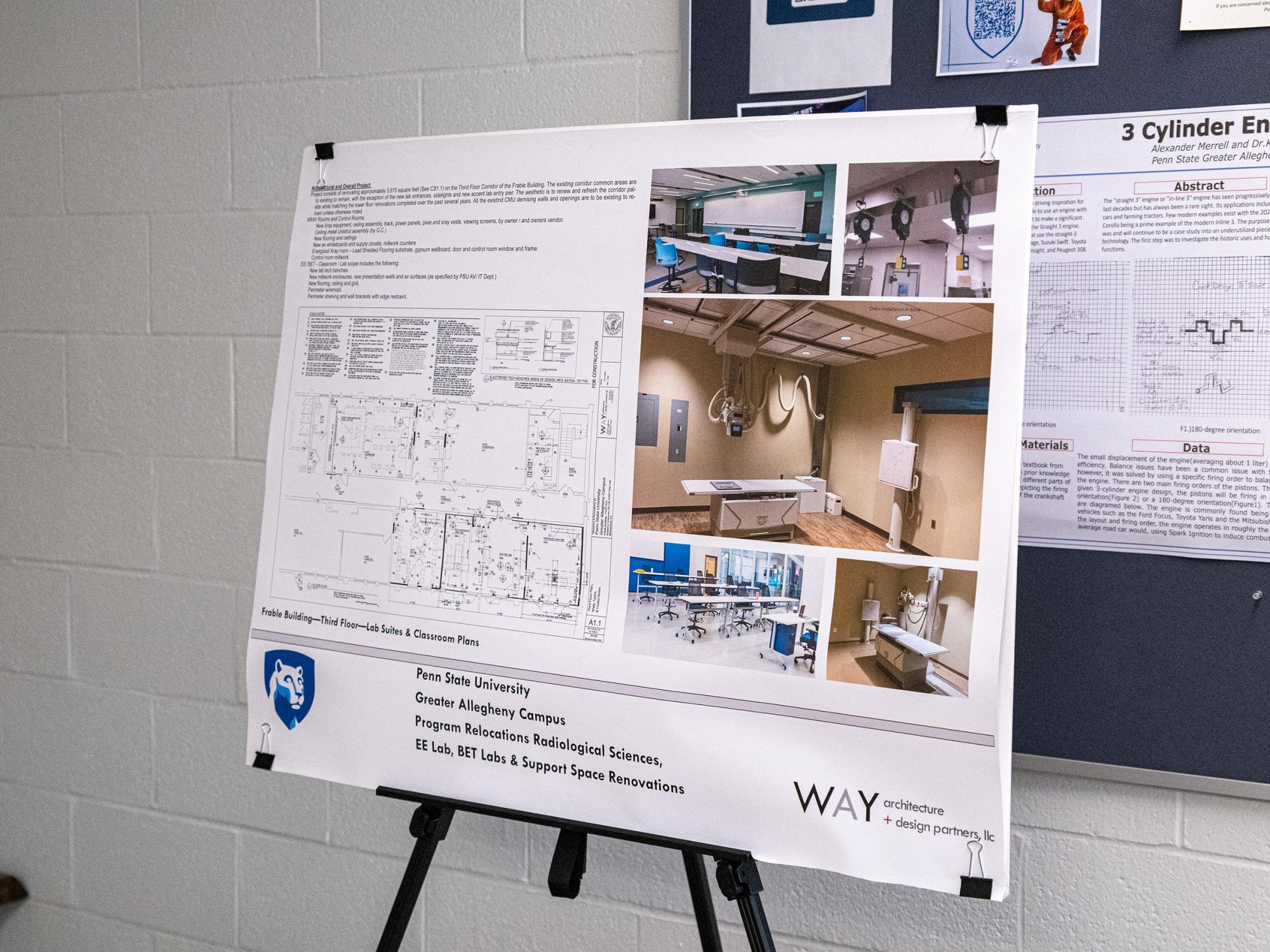 Architectural presentation board showing plans and renderings for radiological sciences, engineering, and technology lab renovations at Penn State Greater Allegheny.