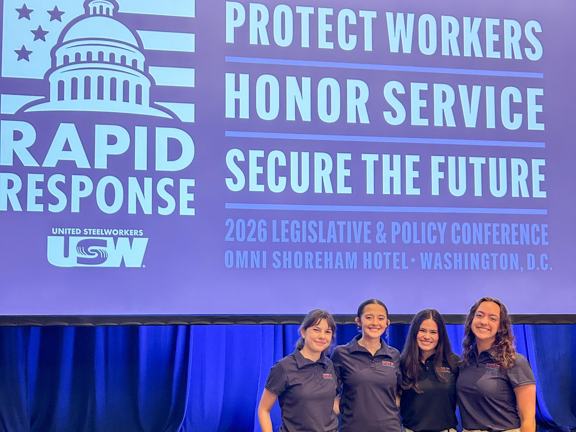 Ashlyn Gilchriest poses with three fellow Alliance for American Manufacturing interns at the United Steelworkers Rapid Response Policy and Legislation Conference.
