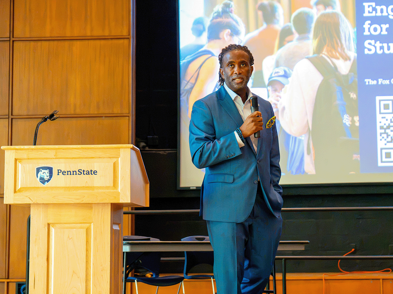 Levon T. Esters, vice provost for graduate education and dean of the Fox Graduate School, gives remarks during the Welcome Engagement Fair for Graduate Students. 