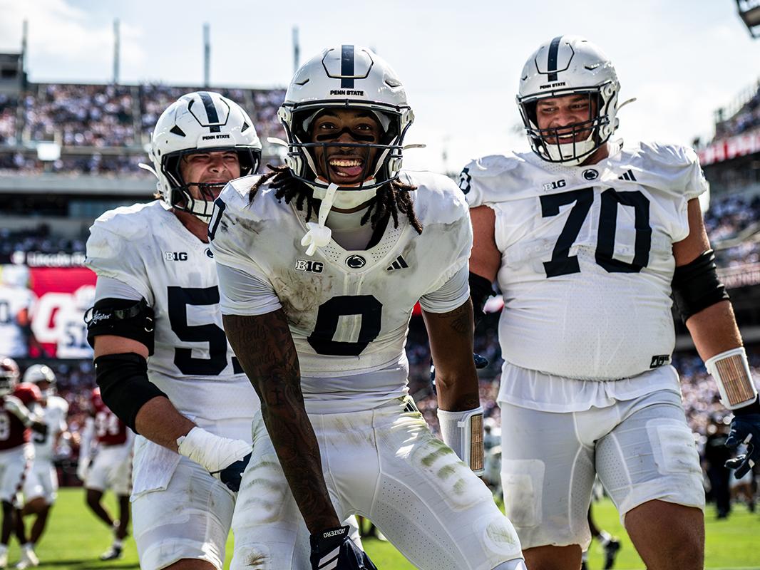 Player looks at camera during celebration