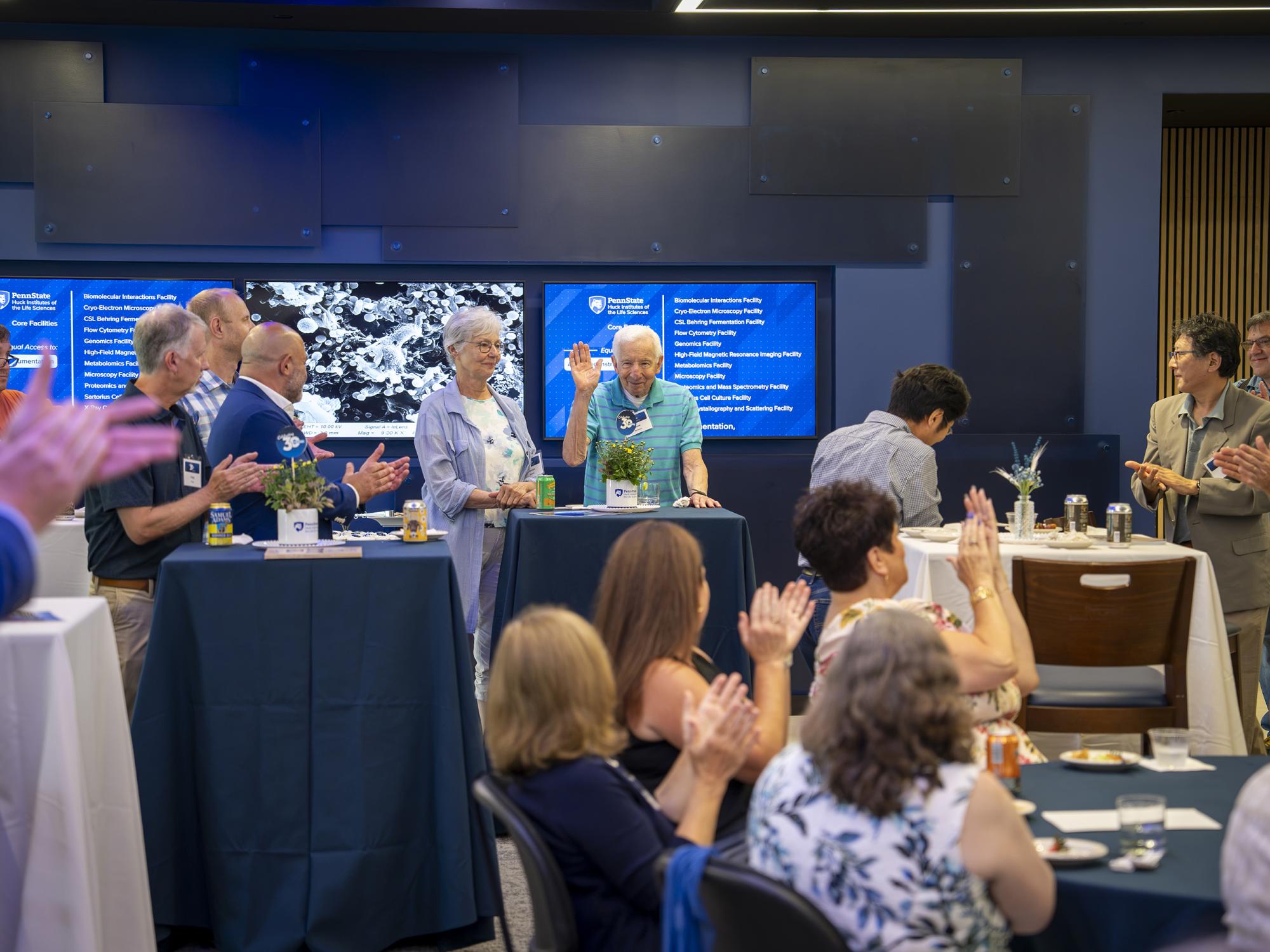 Stephen Benkovic raises his hand as he is applauded at the Huck Institutes 30th Anniversary Event. August 28, 2026