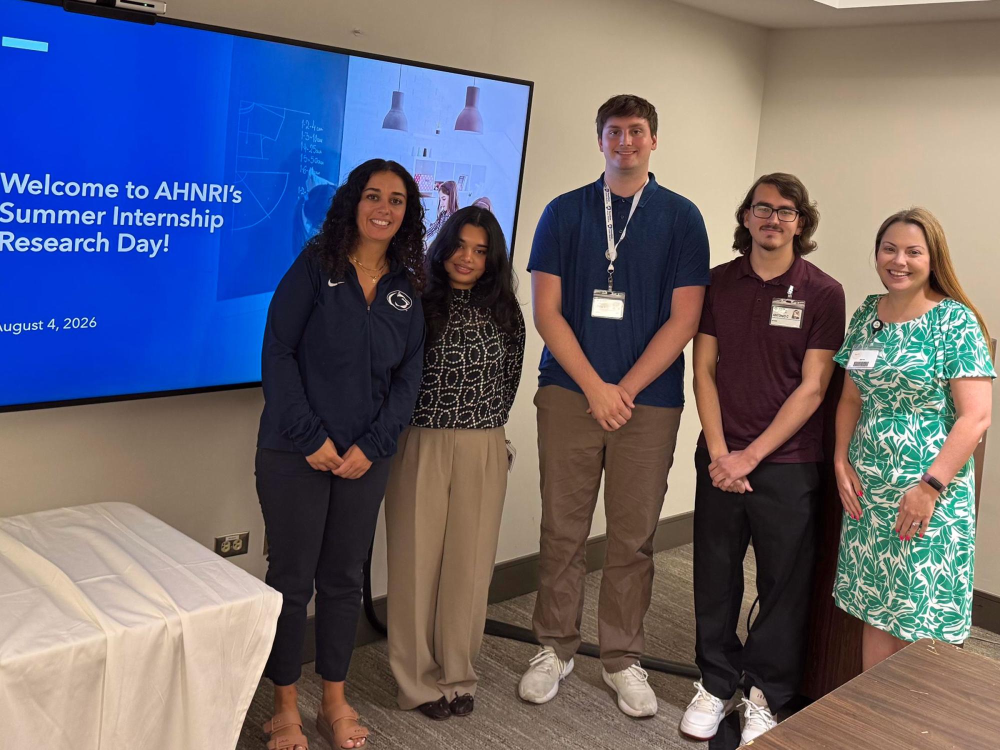  2026 AHNRI Research Day: Program Director Andrea Stevens, interns Tasneem Ekhtiar, Aiden Yuscinsky, and Antonio Cristallini, and AHN intern adviser Samantha Cavolo.