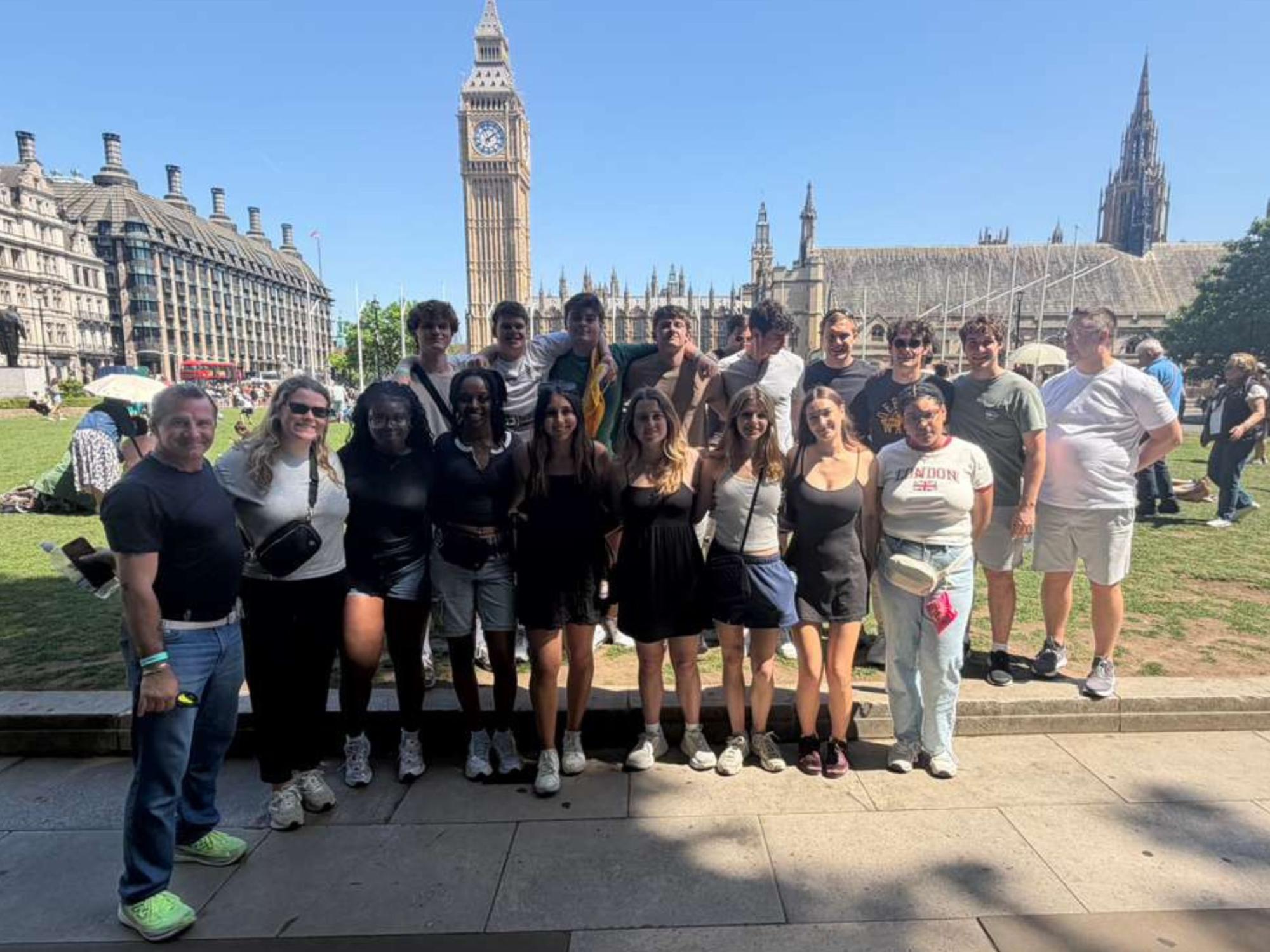 group of college students in London with Big Ben in background